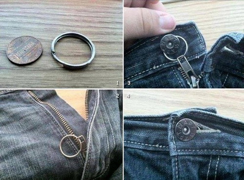 Человек показывает, как приделать к молнии колечко, чтобы замок на джинсах не расходился